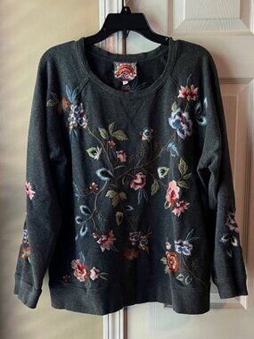 Johnny Was Gray Top with Pink and Yellow Embroidery